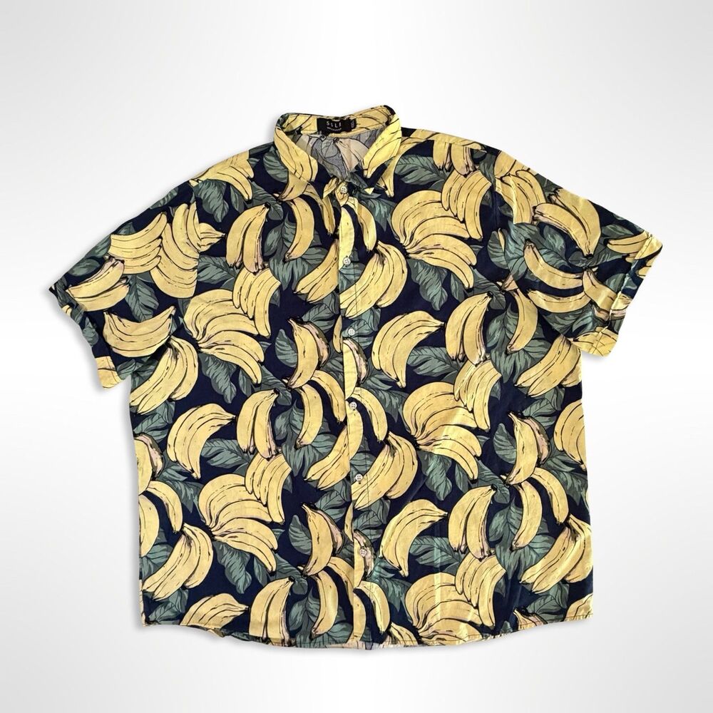 SSLR, Men's Banana Print Cotton Shorts Sleeve Button Up Shirt, 4XL Summer